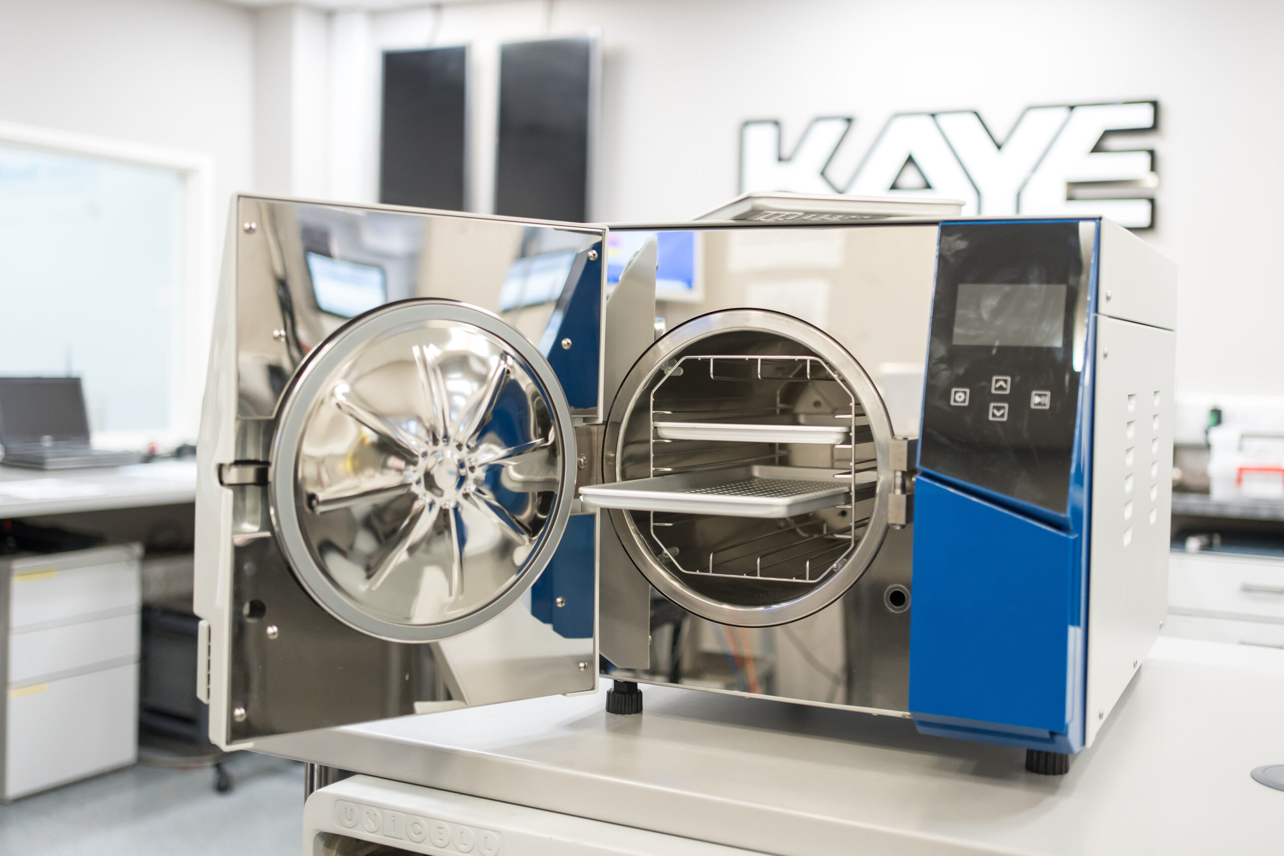The Haier benchtop autoclave with its door open