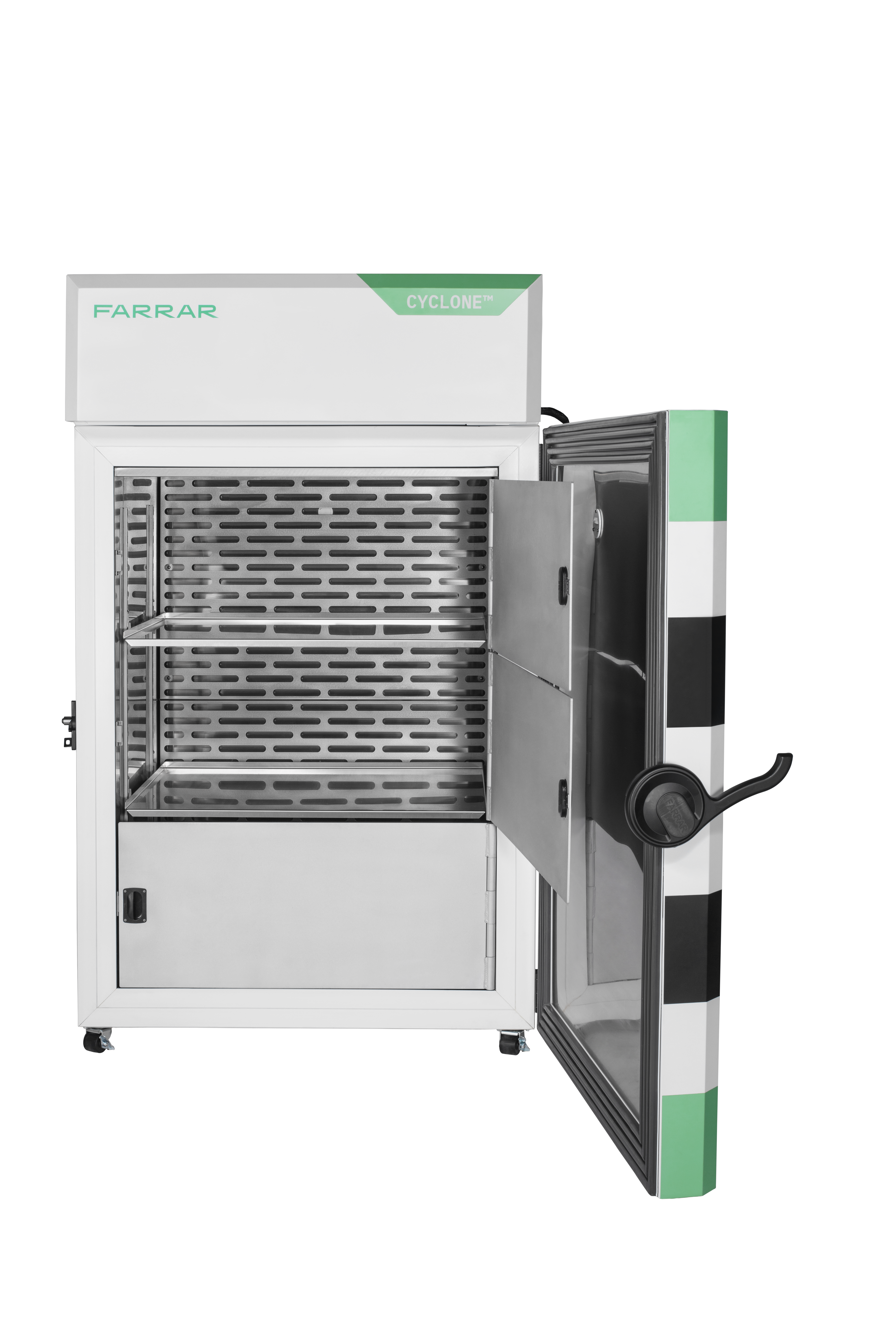 FARRAR CYCLONE ultra-low temperature freezer with opened door and three tiered compartments open close up image